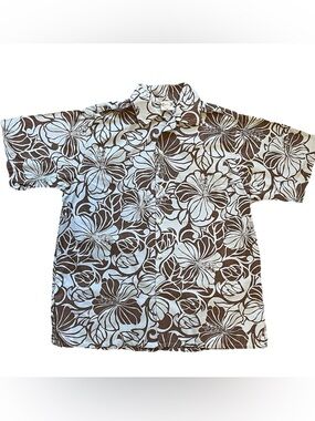 Go Barefoot Hawaiian Aloha Shirt Hibiscus Pareau Floral Brown Sky Blue M